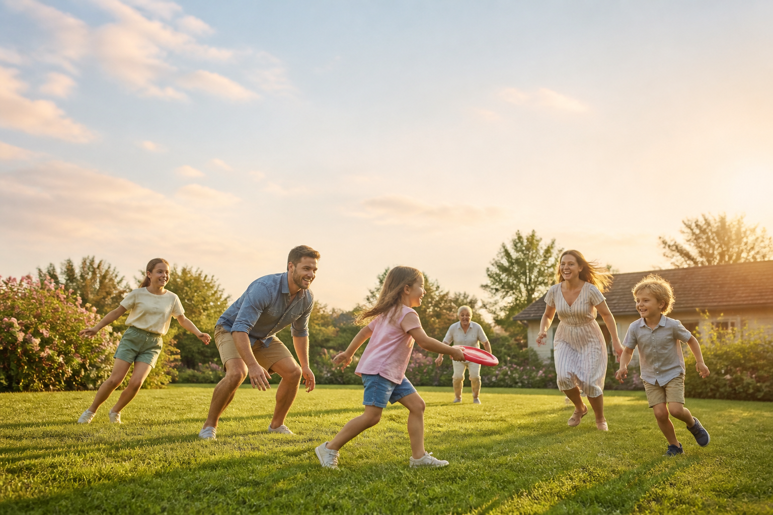 Kids and parents playing screen-free games outdoors on a sunny summer afternoon